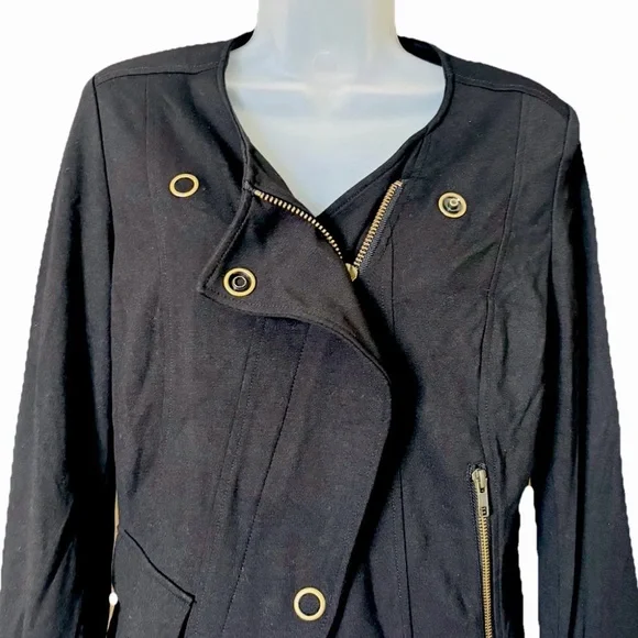 CAbi #615 Moto Blazer Jacket Womens Size S Black Ponte Knit Asymmetrical Zip - Picture 2 of 11